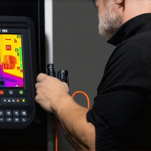 Technician using infrared camera and leak detector on HVAC system for preventive maintenance