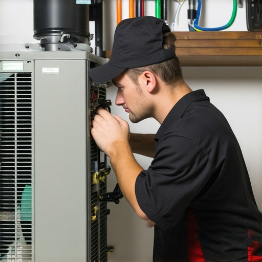 Expert HVAC Maintenance on Modern Heat Pump HVAC technician servicing a modern heat pump in a home utility room