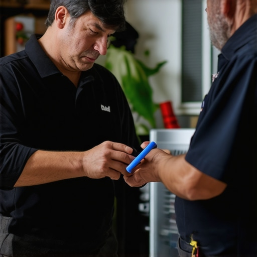 HVAC Consultation for Heating Maintenance Homeowner discussing heating system with technician