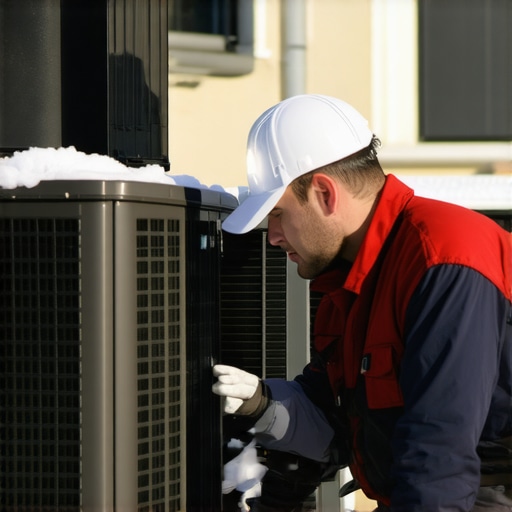 HVAC technician inspecting heat pump system during winter