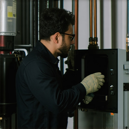 HVAC Technician Winter Inspection HVAC technician inspecting furnace for winter readiness