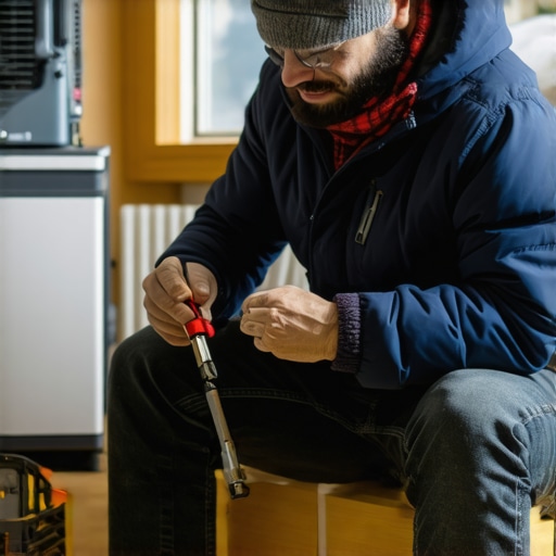 Homeowner inspecting HVAC system in winter Homeowner checking HVAC components with tools during winter