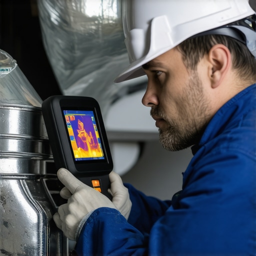 HVAC Duct Inspection with Thermal Imaging Technician using thermal imaging to inspect HVAC ductwork for leaks and efficiency