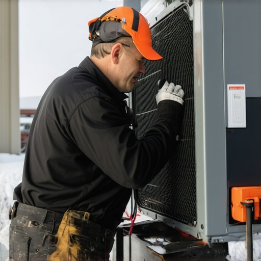 HVAC Technician Inspecting Outdoor System in Winter Technician inspecting outdoor HVAC unit covered with snow and ice during winter.