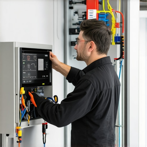 HVAC Technician Performing System Diagnostics HVAC technician diagnosing a home heating and cooling system with digital tools.
