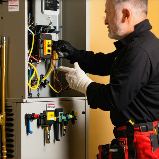 HVAC technician inspecting furnace for winter prep HVAC technician checking furnace during winter maintenance