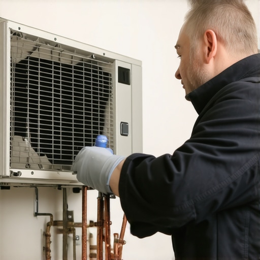 HVAC technician servicing heating system in winter HVAC technician inspecting a heating system during winter