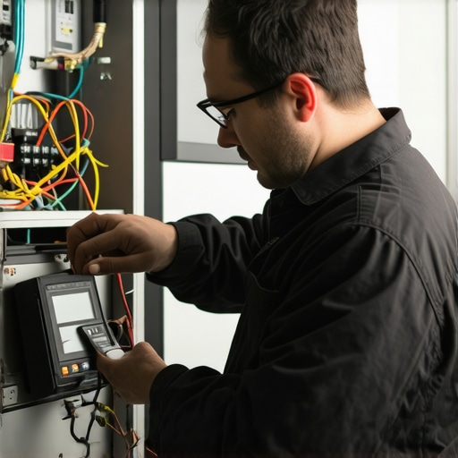 Heating System Diagnostics for Winter Safety HVAC technician using diagnostic tools to inspect heating system in winter