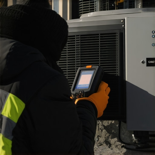 Infrared thermography inspection of HVAC system in winter Technician using infrared camera on outdoor HVAC unit during cold weather