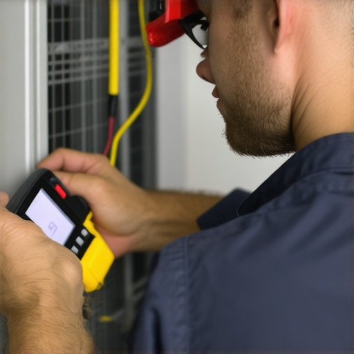 Technician using diagnostic tools on heat pump for maintenance
