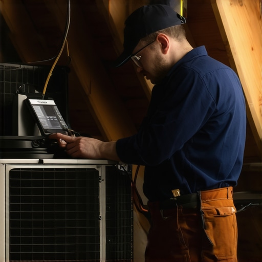 Winter HVAC Diagnostics Technician inspecting HVAC system with diagnostic tools in winter