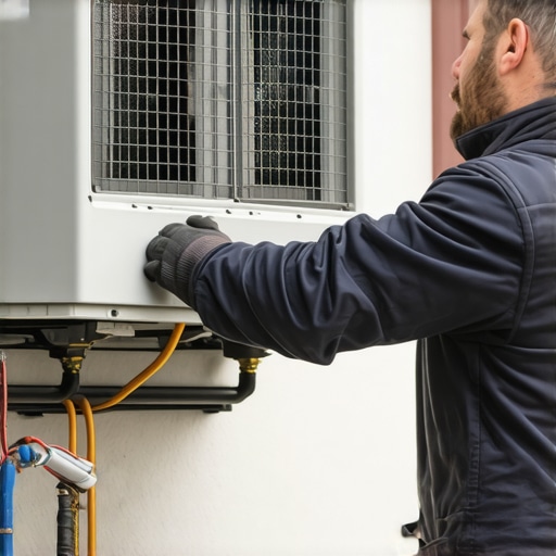 Winter HVAC Inspection HVAC technician checking heating system outdoors in winter