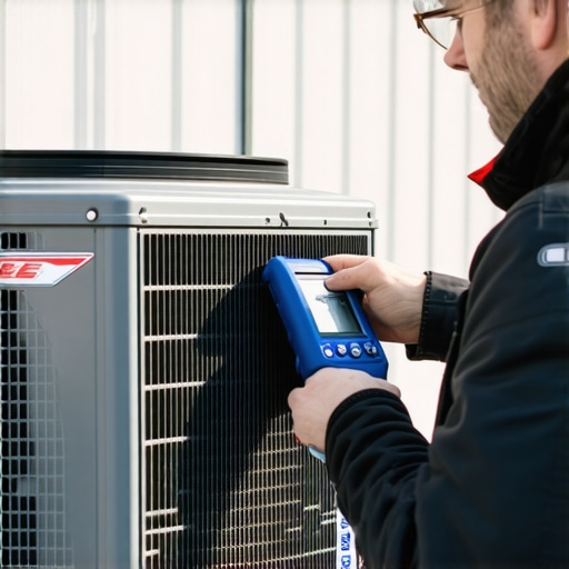 HVAC technician performing maintenance on a heat pump during winter