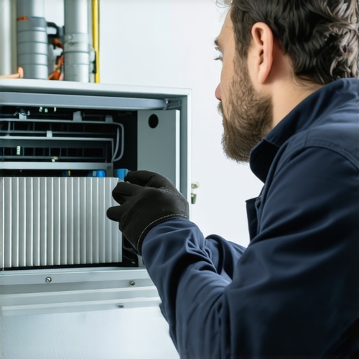 Technician inspecting and cleaning HVAC filters and ducts in a home.