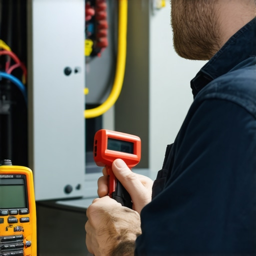 Technician inspecting HVAC system with multimeter and infrared thermometer