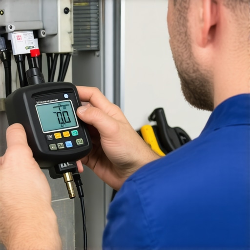 Technician measuring pressure in HVAC system using a digital manometer