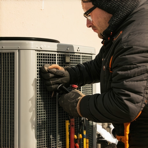 Technician inspecting heat pump during winter maintenance