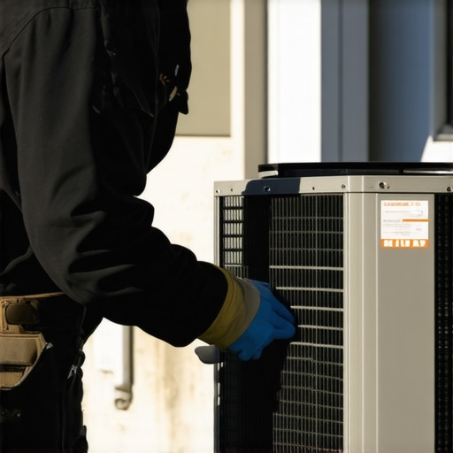 Technician inspecting outdoor heat pump unit for winter maintenance