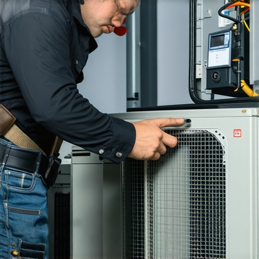 HVAC technician inspecting heat pump outdoor unit in winter