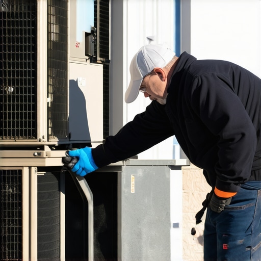 Winter Heat Pump Maintenance Technician performing maintenance on outdoor heat pump unit with clean filters and clear surroundings.
