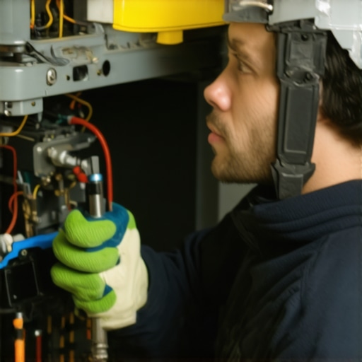 Technician performing routine maintenance on a furnace during winter.