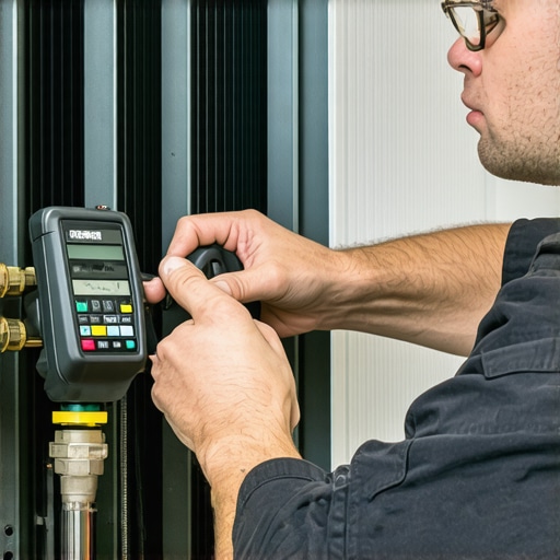 Technician checking refrigerant pressure with digital gauge during HVAC maintenance