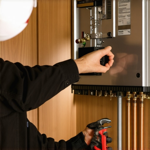 HVAC technician performing maintenance on a heating system in a residential setting.