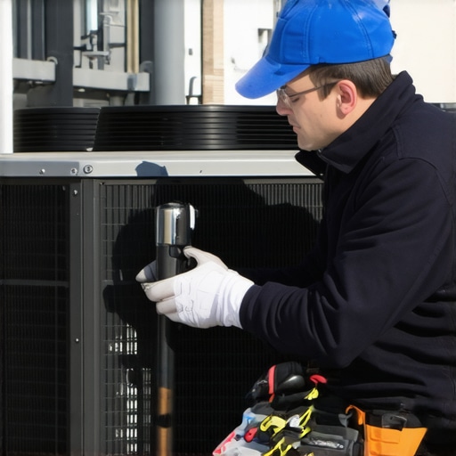 Heat Pump Inspection for Winter Readiness HVAC technician checking a heat pump unit outdoors amid snow