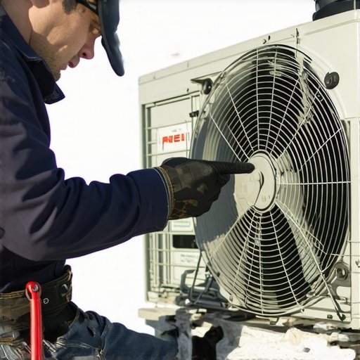 Technician cleaning and inspecting a heat pump outdoor unit with snow around it during winter.