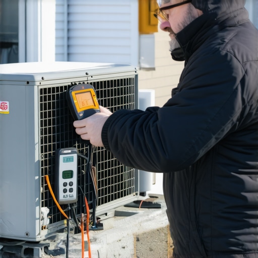 A person using a digital refrigerant gauge and thermal camera to check a heat pump for maintenance during winter