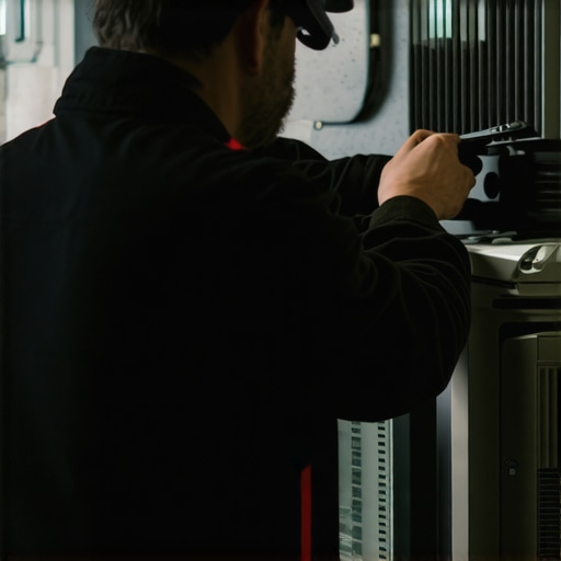 HVAC technician performing maintenance on a heating system in a residential home.